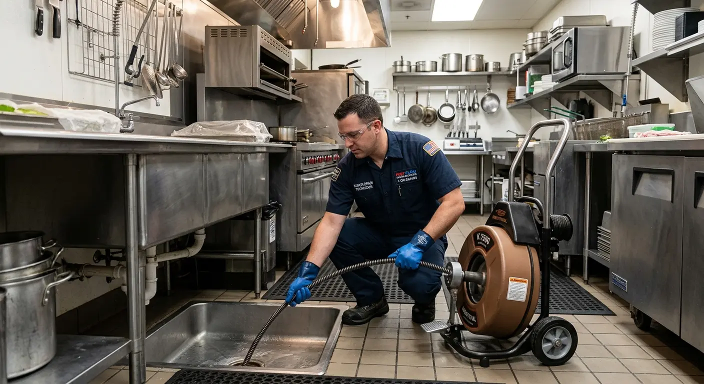 Commercial drain cleaning service in a restaurant kitchen in Wapakoneta