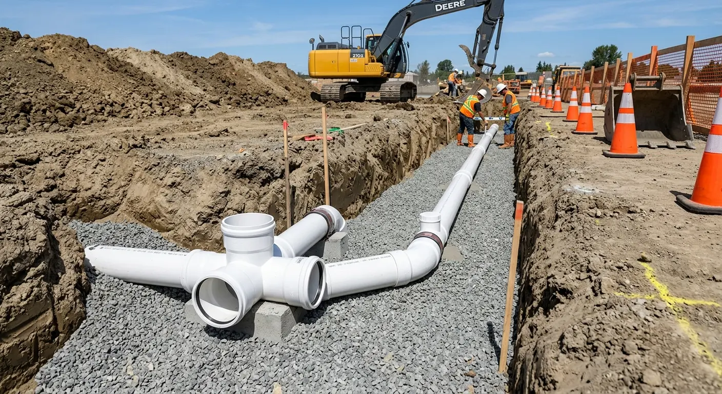 New PVC sewer pipe installation in open trench for Grease Trap Cleaning in Wapakoneta