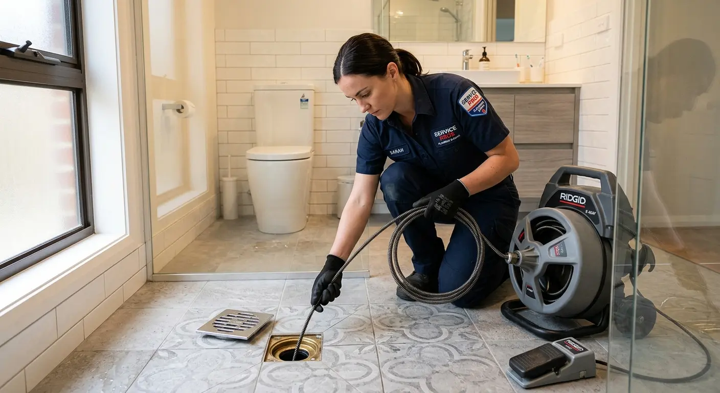 Technician clearing a bathroom floor drain for Drain Repair in Wapakoneta